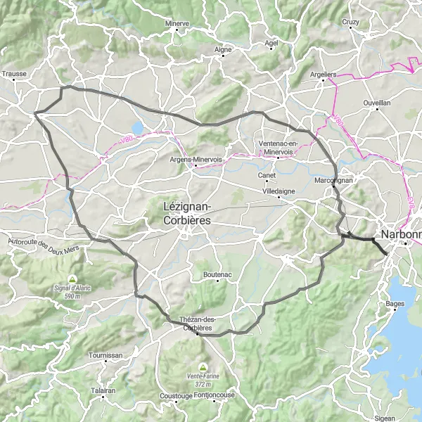 Map miniature of "Road Route" cycling inspiration in Languedoc-Roussillon, France. Generated by Tarmacs.app cycling route planner