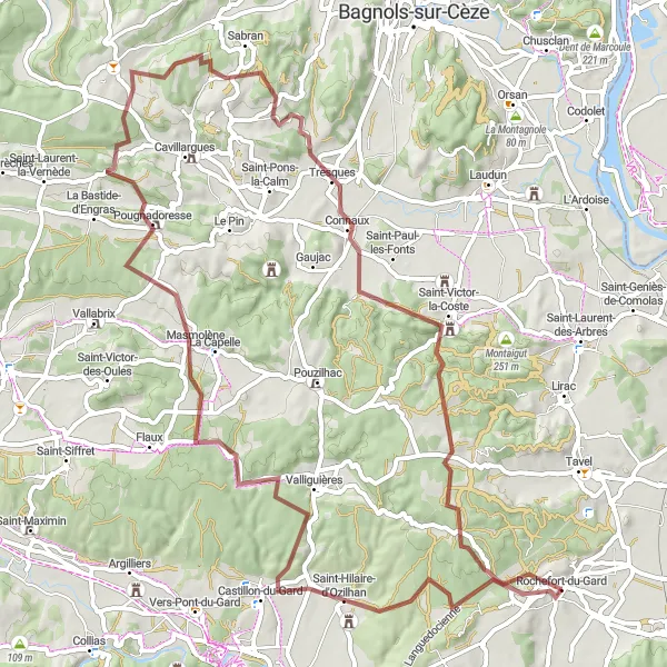 Map miniature of "Gravel Route 2" cycling inspiration in Languedoc-Roussillon, France. Generated by Tarmacs.app cycling route planner