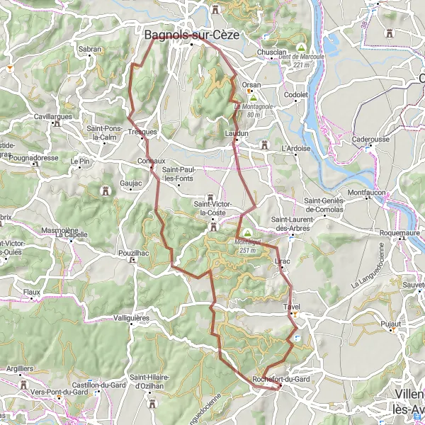 Map miniature of "Gravel Route 1" cycling inspiration in Languedoc-Roussillon, France. Generated by Tarmacs.app cycling route planner