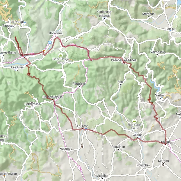 Miniature de la carte de l'inspiration cycliste "Aventure Gravel de Roujan à Pézènes-les-Mines" dans la Languedoc-Roussillon, France. Générée par le planificateur d'itinéraire cycliste Tarmacs.app