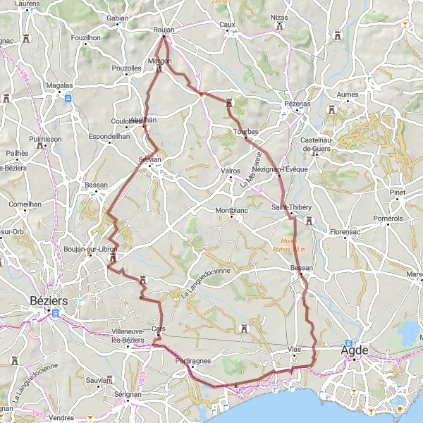 Miniature de la carte de l'inspiration cycliste "Parcours gravel vers Portiragnes" dans la Languedoc-Roussillon, France. Générée par le planificateur d'itinéraire cycliste Tarmacs.app