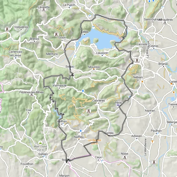 Map miniature of "Road Cycling Adventure: Petit Glauzy to Fontès" cycling inspiration in Languedoc-Roussillon, France. Generated by Tarmacs.app cycling route planner