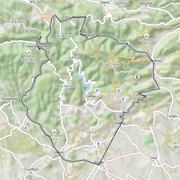 Miniature de la carte de l'inspiration cycliste "Excursion cycliste vers Neffiès" dans la Languedoc-Roussillon, France. Générée par le planificateur d'itinéraire cycliste Tarmacs.app