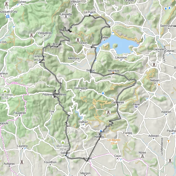 Miniature de la carte de l'inspiration cycliste "Parcours de montagne Languedocien" dans la Languedoc-Roussillon, France. Générée par le planificateur d'itinéraire cycliste Tarmacs.app