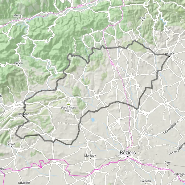 Miniature de la carte de l'inspiration cycliste "Tour cycliste à travers les vignobles" dans la Languedoc-Roussillon, France. Générée par le planificateur d'itinéraire cycliste Tarmacs.app
