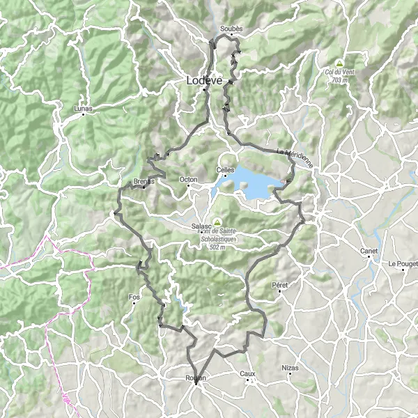 Miniature de la carte de l'inspiration cycliste "Parcours de cyclisme vers Lodève" dans la Languedoc-Roussillon, France. Générée par le planificateur d'itinéraire cycliste Tarmacs.app