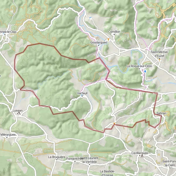 Miniature de la carte de l'inspiration cycliste "Parcours Nature et Détente en Gravel" dans la Languedoc-Roussillon, France. Générée par le planificateur d'itinéraire cycliste Tarmacs.app
