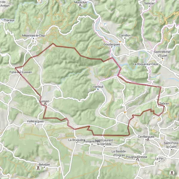 Miniature de la carte de l'inspiration cycliste "Fontarèches Discovery Ride" dans la Languedoc-Roussillon, France. Générée par le planificateur d'itinéraire cycliste Tarmacs.app