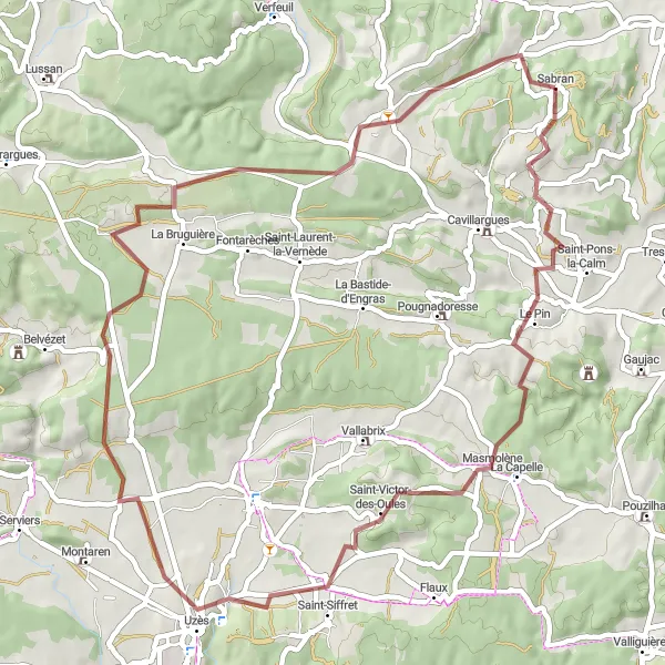 Miniature de la carte de l'inspiration cycliste "Le Pin Gravel Adventure" dans la Languedoc-Roussillon, France. Générée par le planificateur d'itinéraire cycliste Tarmacs.app