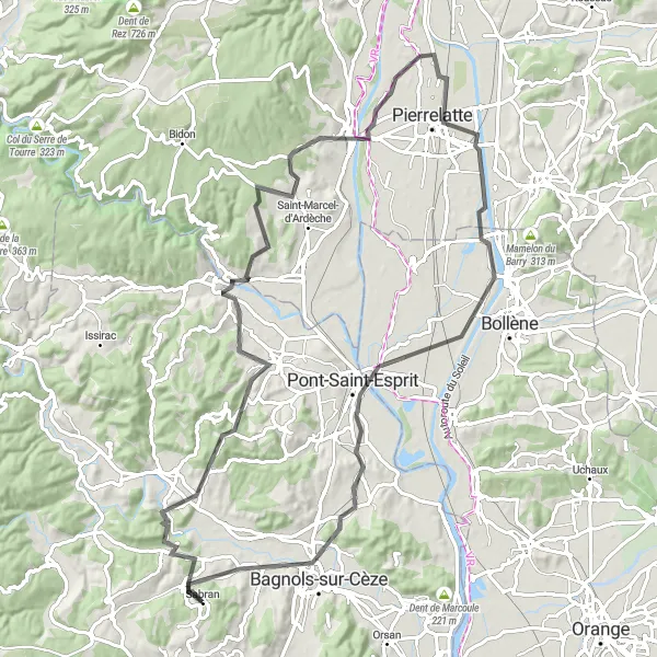 Miniature de la carte de l'inspiration cycliste "La Roque-sur-Cèze Loop" dans la Languedoc-Roussillon, France. Générée par le planificateur d'itinéraire cycliste Tarmacs.app