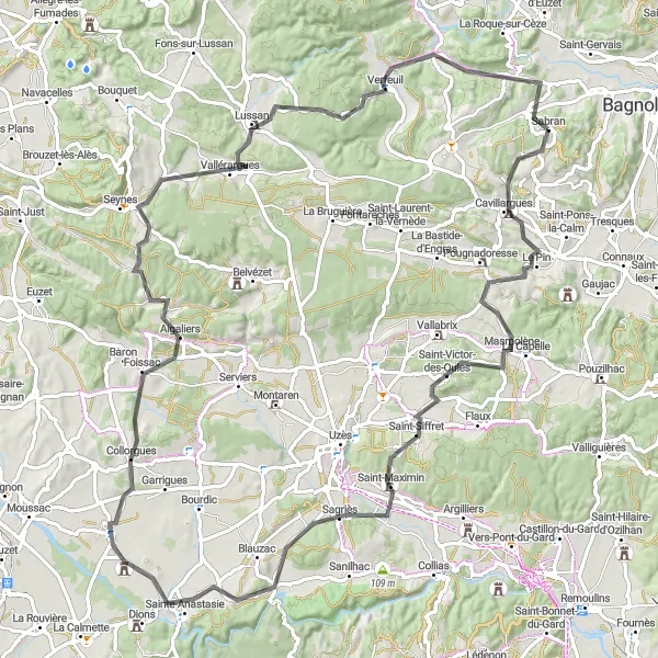 Miniature de la carte de l'inspiration cycliste "Parcours Charmant dans le Sud de la France" dans la Languedoc-Roussillon, France. Générée par le planificateur d'itinéraire cycliste Tarmacs.app