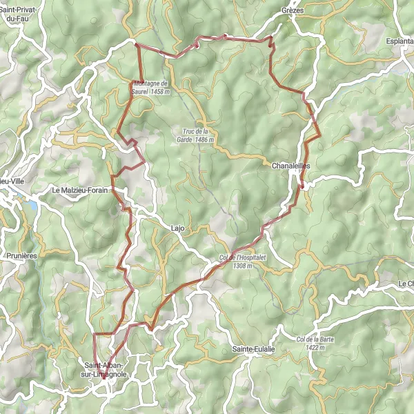Miniature de la carte de l'inspiration cycliste "Escapade en Haute-Loire" dans la Languedoc-Roussillon, France. Générée par le planificateur d'itinéraire cycliste Tarmacs.app