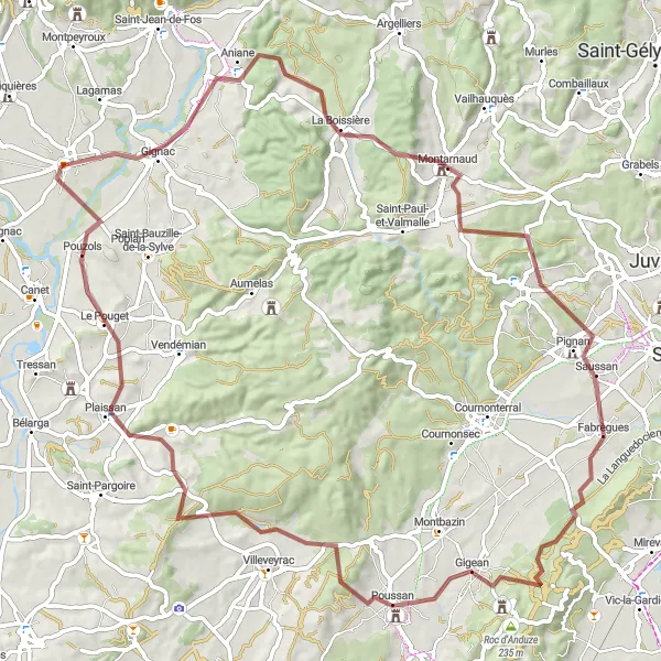 Miniature de la carte de l'inspiration cycliste "Les Collines de l'Arrière-Pays" dans la Languedoc-Roussillon, France. Générée par le planificateur d'itinéraire cycliste Tarmacs.app