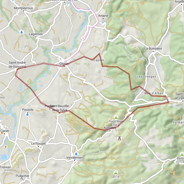 Miniature de la carte de l'inspiration cycliste "Le tour des collines verdoyantes" dans la Languedoc-Roussillon, France. Générée par le planificateur d'itinéraire cycliste Tarmacs.app