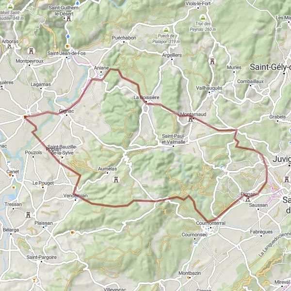 Miniature de la carte de l'inspiration cycliste "Les Chemins de la Garrigue" dans la Languedoc-Roussillon, France. Générée par le planificateur d'itinéraire cycliste Tarmacs.app