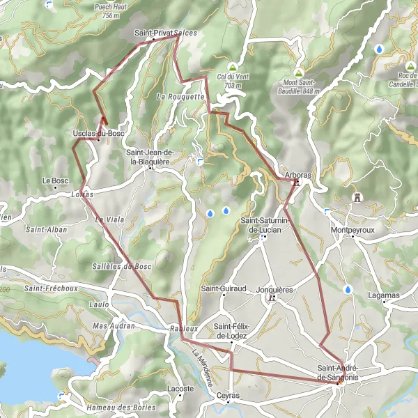 Miniature de la carte de l'inspiration cycliste "Les Chemins de Campagne" dans la Languedoc-Roussillon, France. Générée par le planificateur d'itinéraire cycliste Tarmacs.app