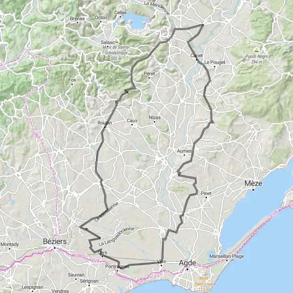 Miniature de la carte de l'inspiration cycliste "Le tour des vignobles et des plages" dans la Languedoc-Roussillon, France. Générée par le planificateur d'itinéraire cycliste Tarmacs.app
