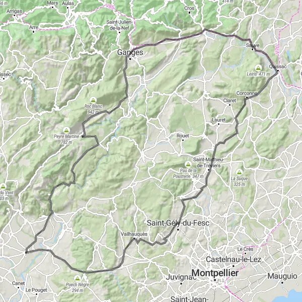 Miniature de la carte de l'inspiration cycliste "La Grande Boucle du Languedoc" dans la Languedoc-Roussillon, France. Générée par le planificateur d'itinéraire cycliste Tarmacs.app