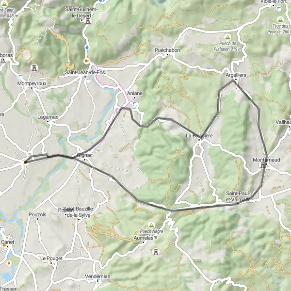 Miniature de la carte de l'inspiration cycliste "Les Collines de l'Arrière-Pays" dans la Languedoc-Roussillon, France. Générée par le planificateur d'itinéraire cycliste Tarmacs.app