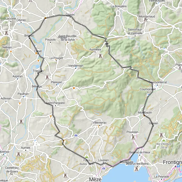 Miniature de la carte de l'inspiration cycliste "La route des panoramas spectaculaires" dans la Languedoc-Roussillon, France. Générée par le planificateur d'itinéraire cycliste Tarmacs.app