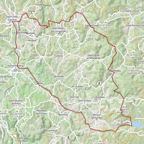 Map miniature of "The Margeride Gravel Adventure" cycling inspiration in Languedoc-Roussillon, France. Generated by Tarmacs.app cycling route planner