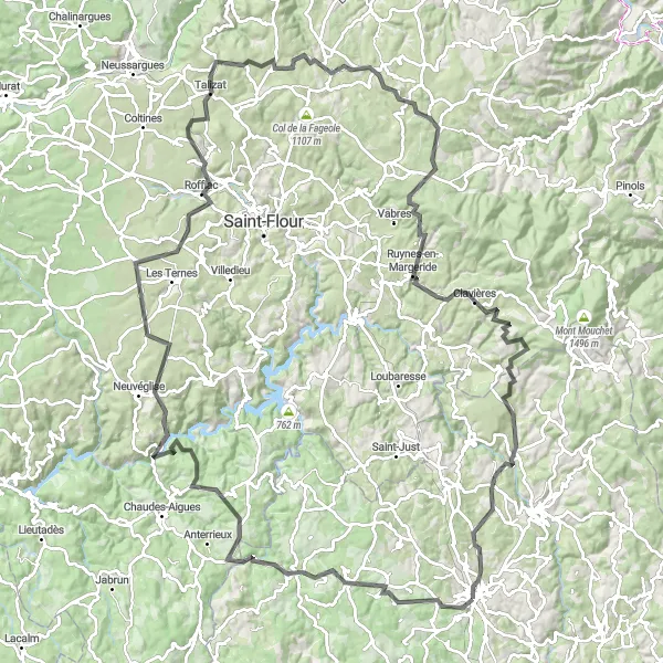 Miniature de la carte de l'inspiration cycliste "Tour panoramique de Tanavelle" dans la Languedoc-Roussillon, France. Générée par le planificateur d'itinéraire cycliste Tarmacs.app