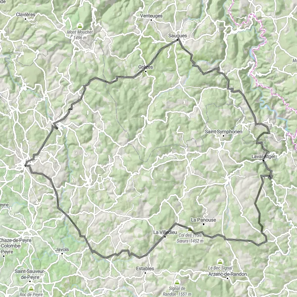 Miniature de la carte de l'inspiration cycliste "Escapade en Margeride sur Route" dans la Languedoc-Roussillon, France. Générée par le planificateur d'itinéraire cycliste Tarmacs.app