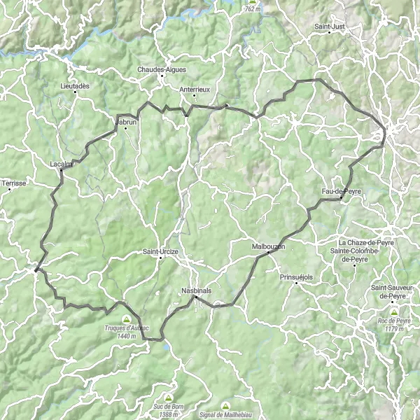 Map miniature of "The Aubrac Plateau Route" cycling inspiration in Languedoc-Roussillon, France. Generated by Tarmacs.app cycling route planner