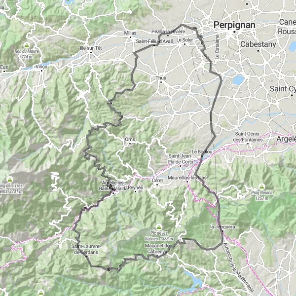 Map miniature of "The Ultimate Mountain Adventure" cycling inspiration in Languedoc-Roussillon, France. Generated by Tarmacs.app cycling route planner