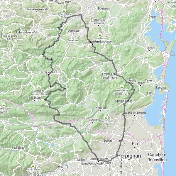 Map miniature of "Les Corbières Circuit" cycling inspiration in Languedoc-Roussillon, France. Generated by Tarmacs.app cycling route planner