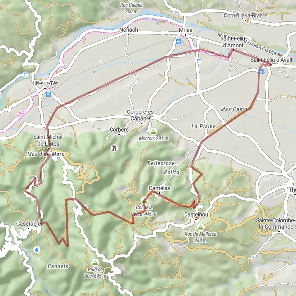 Map miniature of "Gravel Adventure through Camélas" cycling inspiration in Languedoc-Roussillon, France. Generated by Tarmacs.app cycling route planner