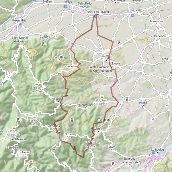 Map miniature of "The Scenic Gravel Escape" cycling inspiration in Languedoc-Roussillon, France. Generated by Tarmacs.app cycling route planner