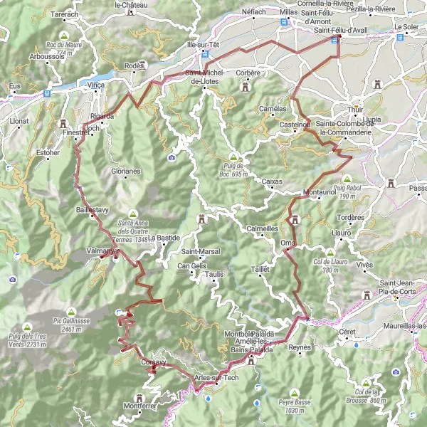Map miniature of "Gravel Adventure in the Pyrenees" cycling inspiration in Languedoc-Roussillon, France. Generated by Tarmacs.app cycling route planner