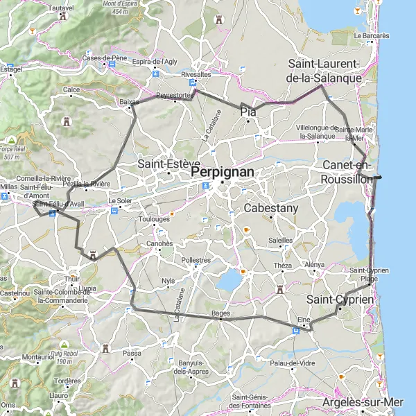 Map miniature of "Coastal Charm and Nature Experiences" cycling inspiration in Languedoc-Roussillon, France. Generated by Tarmacs.app cycling route planner