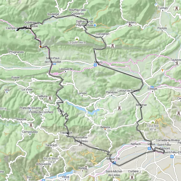 Map miniature of "The Mountain Challenge" cycling inspiration in Languedoc-Roussillon, France. Generated by Tarmacs.app cycling route planner