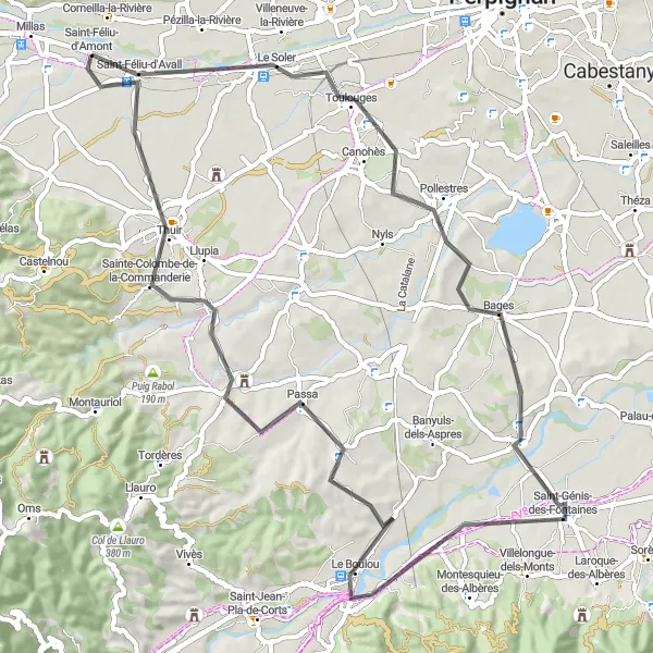 Map miniature of "The Soler Loop" cycling inspiration in Languedoc-Roussillon, France. Generated by Tarmacs.app cycling route planner