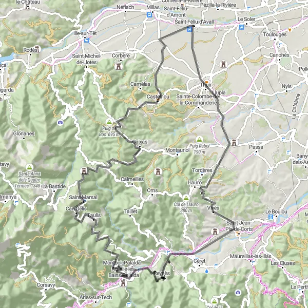 Map miniature of "The Hilly Loop" cycling inspiration in Languedoc-Roussillon, France. Generated by Tarmacs.app cycling route planner