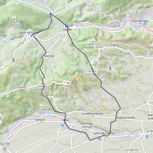 Map miniature of "Scenic Ride to Saint-Féliu-d'Avall" cycling inspiration in Languedoc-Roussillon, France. Generated by Tarmacs.app cycling route planner