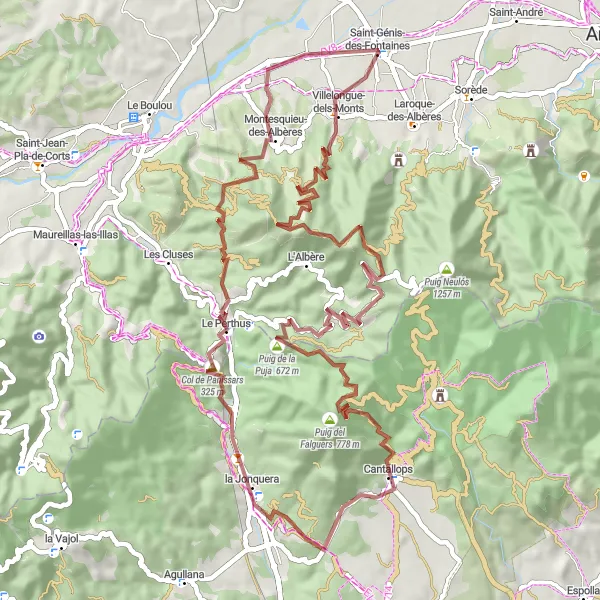 Map miniature of "Gravel Route to Saint-Martin de l'Albère" cycling inspiration in Languedoc-Roussillon, France. Generated by Tarmacs.app cycling route planner