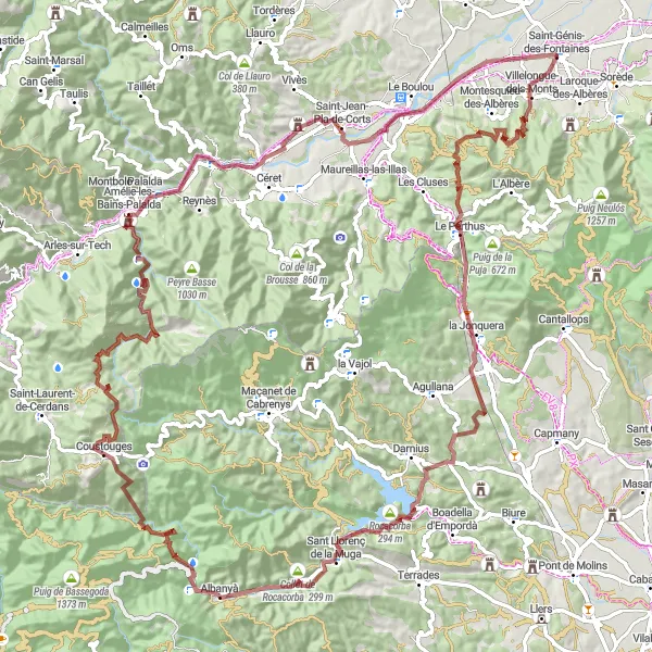 Map miniature of "Gravel Adventure from Saint-Génis-des-Fontaines" cycling inspiration in Languedoc-Roussillon, France. Generated by Tarmacs.app cycling route planner