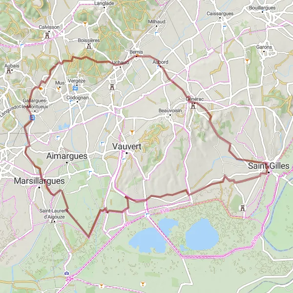 Map miniature of "Scenic Gravel Route near Saint-Gilles" cycling inspiration in Languedoc-Roussillon, France. Generated by Tarmacs.app cycling route planner
