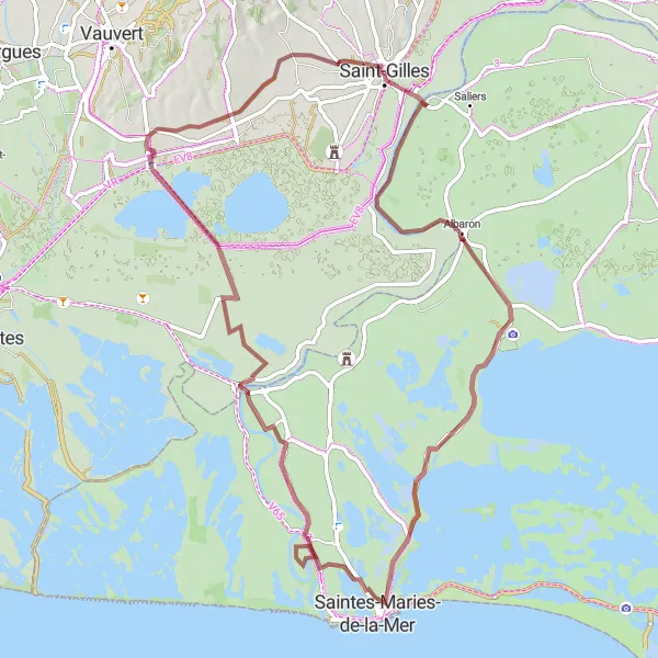 Map miniature of "Rich Gravel Exploration near Saint-Gilles" cycling inspiration in Languedoc-Roussillon, France. Generated by Tarmacs.app cycling route planner
