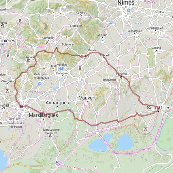 Map miniature of "Gravel Cycling in Languedoc-Roussillon" cycling inspiration in Languedoc-Roussillon, France. Generated by Tarmacs.app cycling route planner