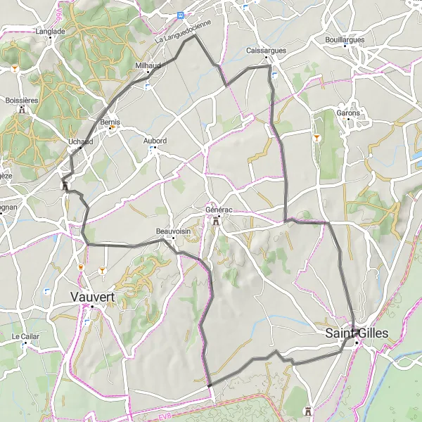 Map miniature of "Picturesque Routes Encompassing Cultural Gems" cycling inspiration in Languedoc-Roussillon, France. Generated by Tarmacs.app cycling route planner