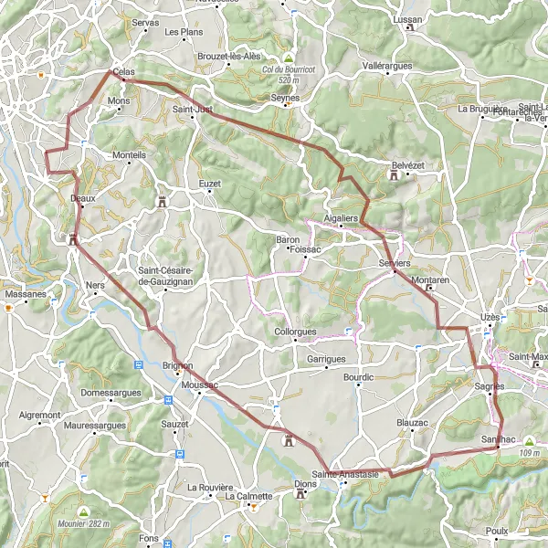 Miniature de la carte de l'inspiration cycliste "Circuit de Saint-Hilaire-de-Brethmas à Vézénobres" dans la Languedoc-Roussillon, France. Générée par le planificateur d'itinéraire cycliste Tarmacs.app