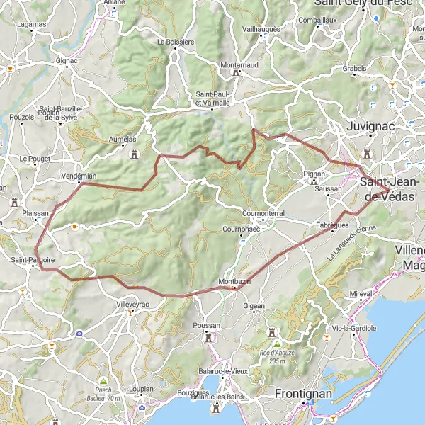 Map miniature of "Challenging Gravel Adventure through Fabrègues and Vendémian" cycling inspiration in Languedoc-Roussillon, France. Generated by Tarmacs.app cycling route planner