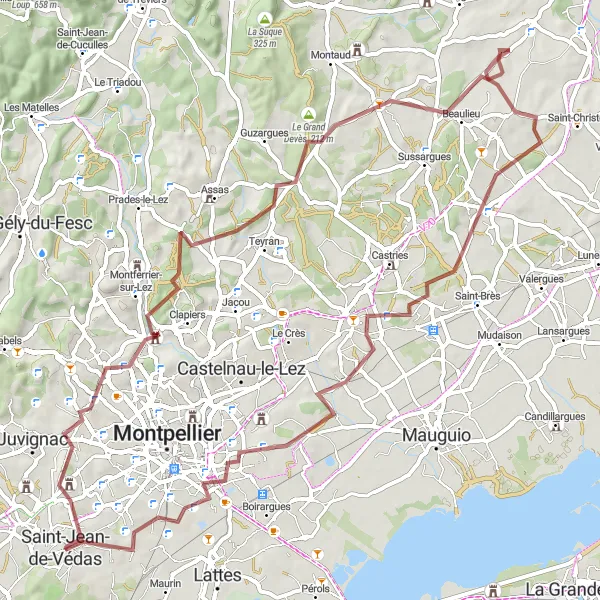 Map miniature of "Gravel Adventure: From Saint-Jean-de-Védas to Baillargues" cycling inspiration in Languedoc-Roussillon, France. Generated by Tarmacs.app cycling route planner