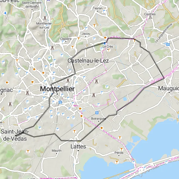 Map miniature of "Road Cycling Route around Montpellier" cycling inspiration in Languedoc-Roussillon, France. Generated by Tarmacs.app cycling route planner