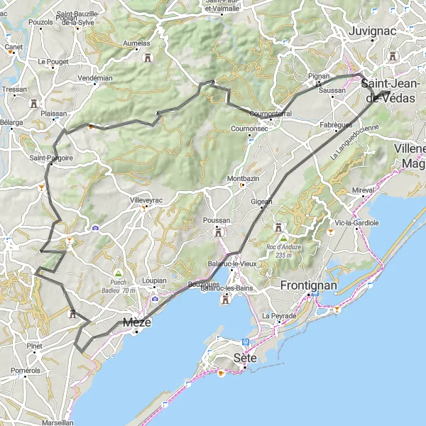 Map miniature of "Scenic Road Cycling: Fabrègues and Saint-Pons-de-Mauchiens" cycling inspiration in Languedoc-Roussillon, France. Generated by Tarmacs.app cycling route planner