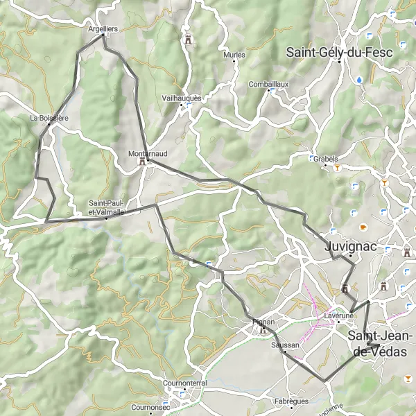 Miniature de la carte de l'inspiration cycliste "Les collines de l'arrière-pays montpelliérain" dans la Languedoc-Roussillon, France. Générée par le planificateur d'itinéraire cycliste Tarmacs.app